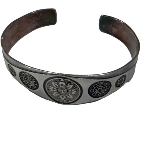 Vintage Mayan Aztec Sun Calendar Cuff Bracelet .925 Sterling Silver Mexico - Picture 1 of 4